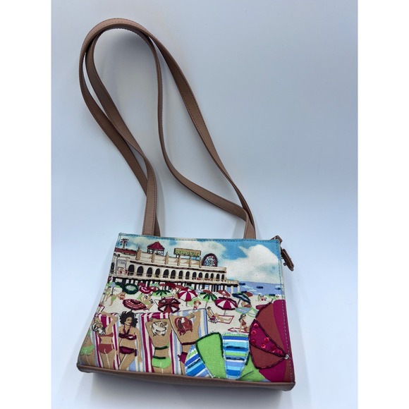 Frank & Johnnie Beaded Embroidered Beach Scene Canvas Shoulder Bag Multicolor - Picture 2 of 4